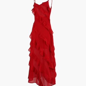 Ladder Ruffle Zip-Up Maxi Dress - Y2K Aesthetic Long Dress for Chic Coquette Style