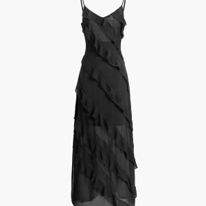 Ladder Ruffle Zip-Up Maxi Dress - Y2K Aesthetic Long Dress for Chic Coquette Style