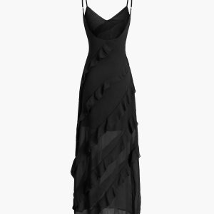 Ladder Ruffle Zip-Up Maxi Dress - Y2K Aesthetic Long Dress for Chic Coquette Style