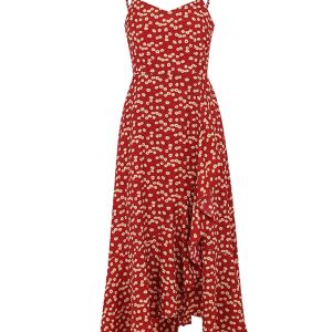 Lady Y2K Floral Maxi Dress - Red V-Neck Strap Dress for Summer Beach Aesthetic