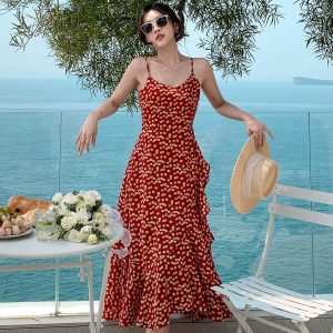 Lady Y2K Floral Maxi Dress - Red V-Neck Strap Dress for Summer Beach Aesthetic