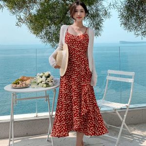 Lady Y2K Floral Maxi Dress - Red V-Neck Strap Dress for Summer Beach Aesthetic