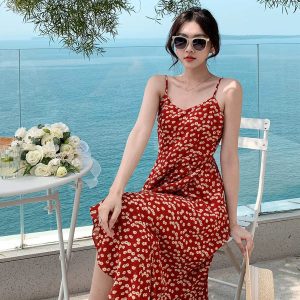 Lady Y2K Floral Maxi Dress - Red V-Neck Strap Dress for Summer Beach Aesthetic