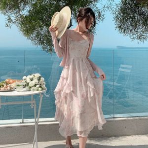 Lady Y2K Pink Suspender Skirt - Chiffon Beach Dress for Seaside Holidays