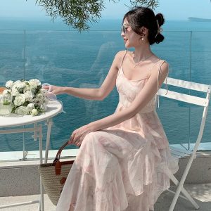 Lady Y2K Pink Suspender Skirt - Chiffon Beach Dress for Seaside Holidays