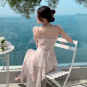 Lady Y2K Pink Suspender Skirt - Chiffon Beach Dress for Seaside Holidays