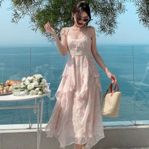 Lady Y2K Pink Suspender Skirt - Chiffon Beach Dress for Seaside Holidays