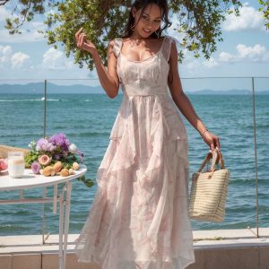 Lady Y2K Pink Suspender Skirt - Chiffon Beach Dress for Seaside Holidays