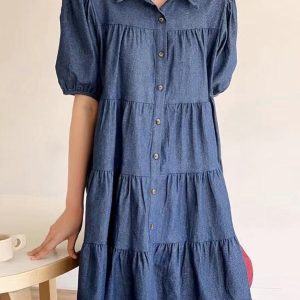 Lapel Collar Puff Sleeve Denim Dress - Y2K Aesthetic Cute Dress for Trendy Outfits