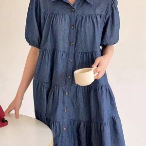 Lapel Collar Puff Sleeve Denim Dress - Y2K Aesthetic Cute Dress for Trendy Outfits