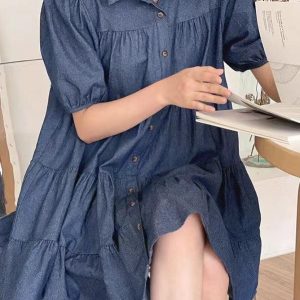 Lapel Collar Puff Sleeve Denim Dress - Y2K Aesthetic Cute Dress for Trendy Outfits