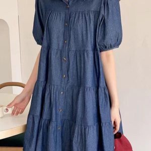 Lapel Collar Puff Sleeve Denim Dress - Y2K Aesthetic Cute Dress for Trendy Outfits