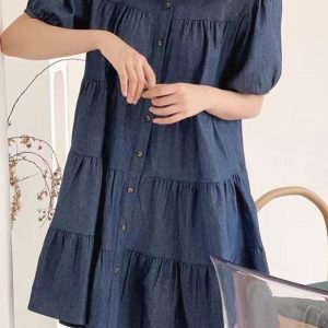 Lapel Collar Puff Sleeve Denim Dress - Y2K Aesthetic Cute Dress for Trendy Outfits