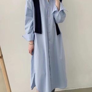 Lapel-Collar Single-Breasted Long Shirt Dress in Y2K Aesthetic for Effortless Style