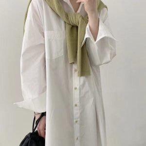 Lapel-Collar Single-Breasted Long Shirt Dress in Y2K Aesthetic for Effortless Style