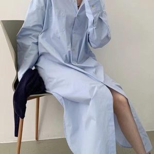 Lapel-Collar Single-Breasted Long Shirt Dress in Y2K Aesthetic for Effortless Style