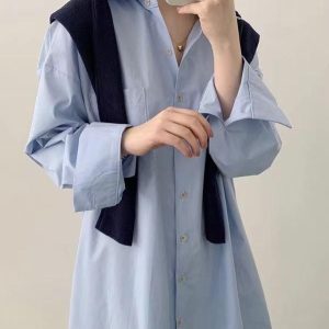 Lapel-Collar Single-Breasted Long Shirt Dress in Y2K Aesthetic for Effortless Style