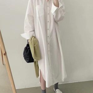 Lapel-Collar Single-Breasted Long Shirt Dress in Y2K Aesthetic for Effortless Style