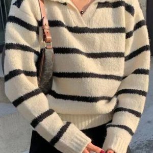 Lapel Contrast Striped Sweater in Y2K Aesthetic - Trendy Layering Piece for Stylish Outfits