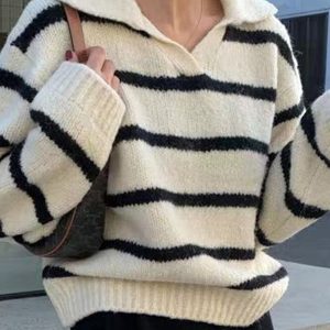 Lapel Contrast Striped Sweater in Y2K Aesthetic - Trendy Layering Piece for Stylish Outfits