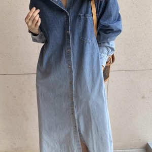 Lapel Gradient Smudge Long Sleeve Denim Dress - Y2K Aesthetic Casual Chic Outfit