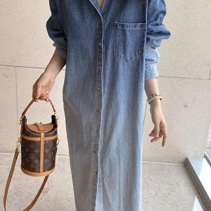 Lapel Gradient Smudge Long Sleeve Denim Dress - Y2K Aesthetic Casual Chic Outfit