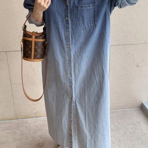 Lapel Gradient Smudge Long Sleeve Denim Dress - Y2K Aesthetic Casual Chic Outfit