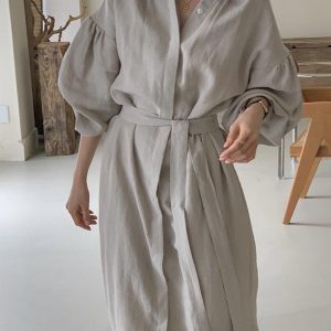 Lapel Loose Balloon Sleeve Shirt Dress in Y2K Aesthetic for Effortless Style