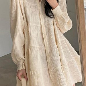 Lapel Pleated Puff Sleeve Short Dress - Y2K Aesthetic Chic for Effortless Style