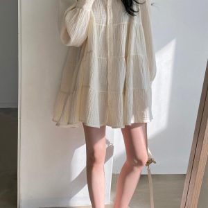 Lapel Pleated Puff Sleeve Short Dress - Y2K Aesthetic Chic for Effortless Style