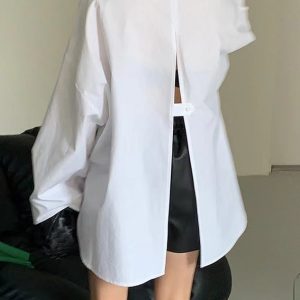 Lapel Single Breasted Long Sleeve Shirt with Back Slit - Y2K Aesthetic Fashion Top