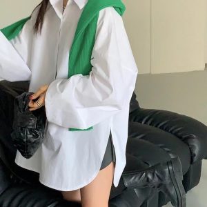 Lapel Single Breasted Long Sleeve Shirt with Back Slit - Y2K Aesthetic Fashion Top