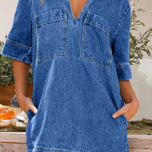 Lapel V Neck Pocketed Denim Dress - Y2K Aesthetic Casual Chic for Effortless Style