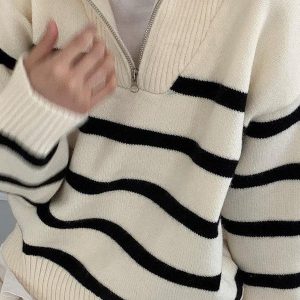 Lapel Zip Stripe Oversized Long Sleeve Knit Sweater for Y2K and Coquette Aesthetic