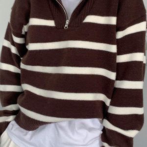 Lapel Zip Stripe Oversized Long Sleeve Knit Sweater for Y2K and Coquette Aesthetic