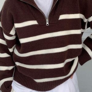 Lapel Zip Stripe Oversized Long Sleeve Knit Sweater for Y2K and Coquette Aesthetic