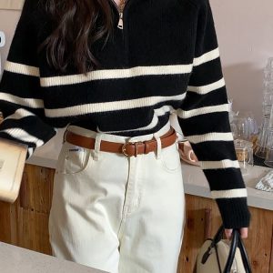 Lapel Zip Stripe Oversized Long Sleeve Knit Sweater for Y2K and Coquette Aesthetic