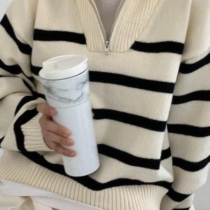 Lapel Zip Stripe Oversized Long Sleeve Knit Sweater for Y2K and Coquette Aesthetic