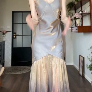 Laser Magic Color Elegant Fishtail Gown Dress - Y2K Aesthetic Evening Wear 2024