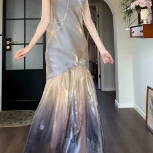 Laser Magic Color Elegant Fishtail Gown Dress - Y2K Aesthetic Evening Wear 2024