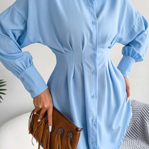 Latern Sleeve Button-Up Pleated Dress in Y2K Style for Chic Aesthetic Outfits