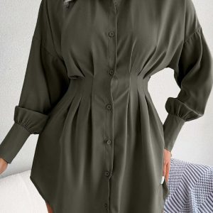 Latern Sleeve Button-Up Pleated Dress in Y2K Style for Chic Aesthetic Outfits