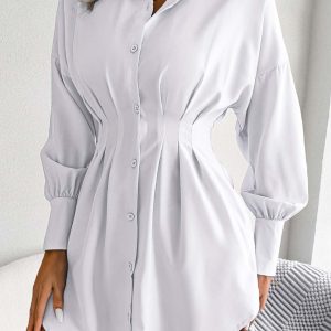 Latern Sleeve Button-Up Pleated Dress in Y2K Style for Chic Aesthetic Outfits