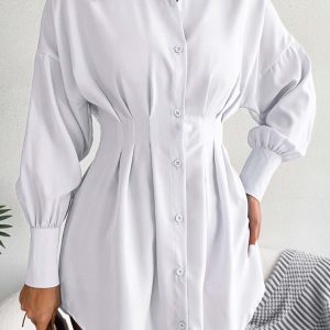 Latern Sleeve Button-Up Pleated Dress in Y2K Style for Chic Aesthetic Outfits