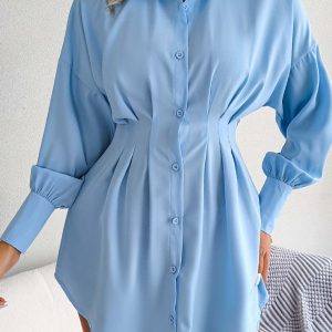 Latern Sleeve Button-Up Pleated Dress in Y2K Style for Chic Aesthetic Outfits