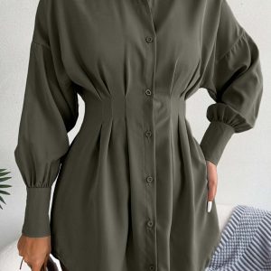 Latern Sleeve Button-Up Pleated Dress in Y2K Style for Chic Aesthetic Outfits