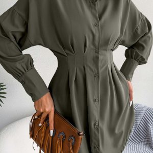 Latern Sleeve Button-Up Pleated Dress in Y2K Style for Chic Aesthetic Outfits