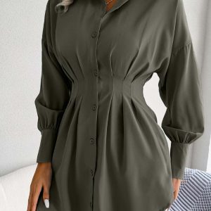 Latern Sleeve Button-Up Pleated Dress in Y2K Style for Chic Aesthetic Outfits