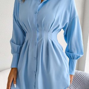 Latern Sleeve Button-Up Pleated Dress in Y2K Style for Chic Aesthetic Outfits