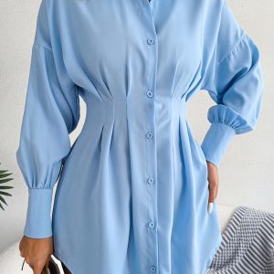 Latern Sleeve Button-Up Pleated Dress in Y2K Style for Chic Aesthetic Outfits